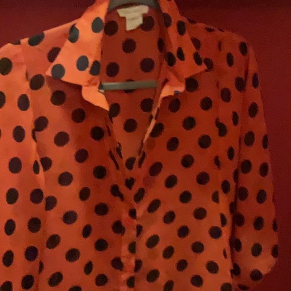 BLOUSE,BUTTON DOWN,  ORANGE WITH BLACK POLKA DOTS - Picture 2 of 4